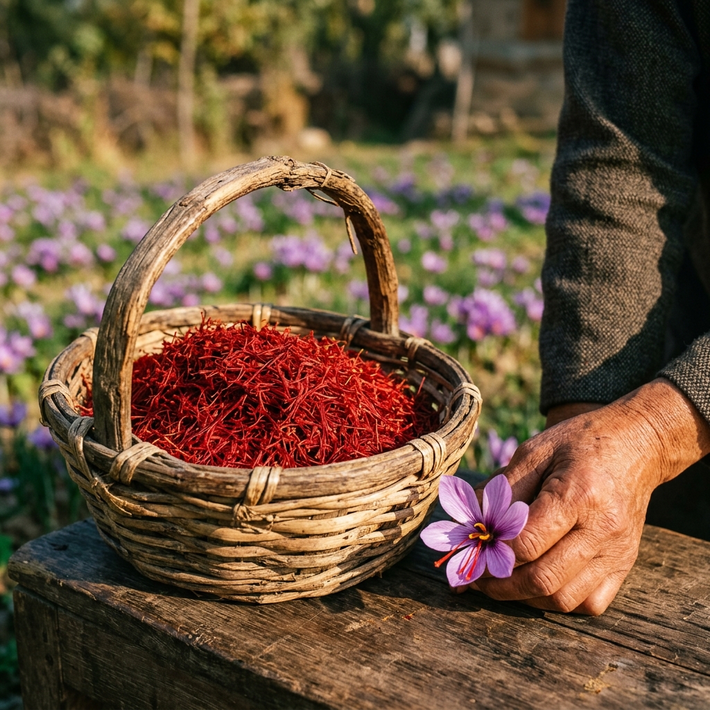 Handpicked deep red saffron filaments in a rustic basket